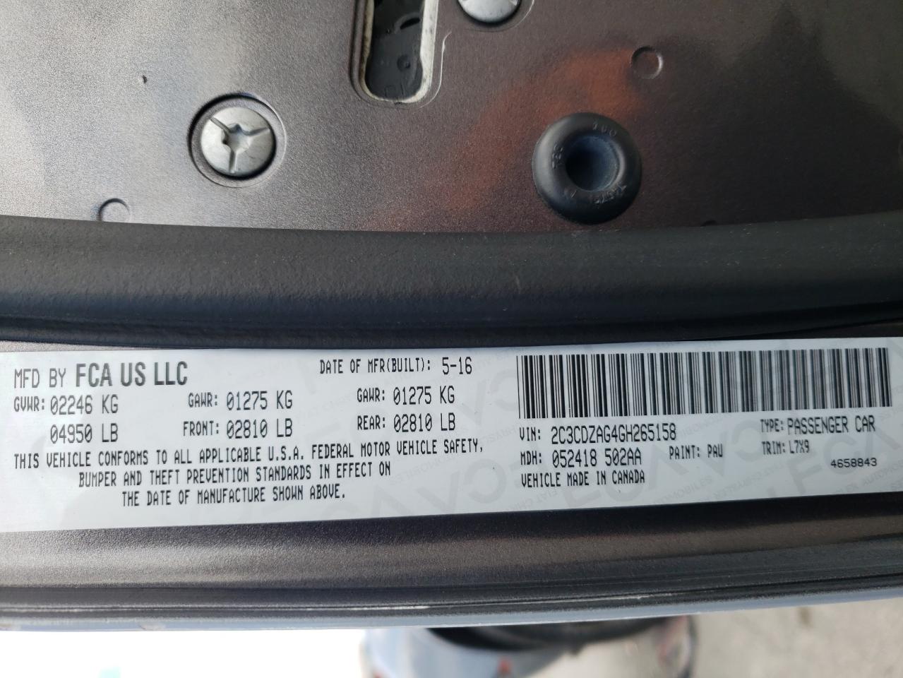 Photo 10 from auction – 2016 DODGE CHALLENGER with VIN 2C3CDZAG4GH265158