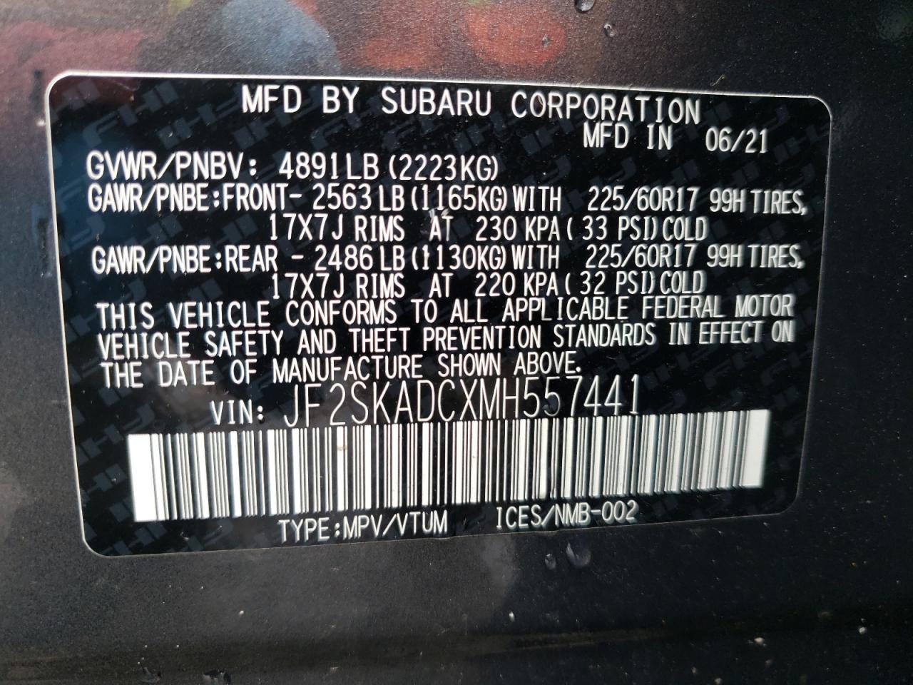 Photo 10 from auction – 2021 SUBARU FORESTER with VIN JF2SKADCXMH557441