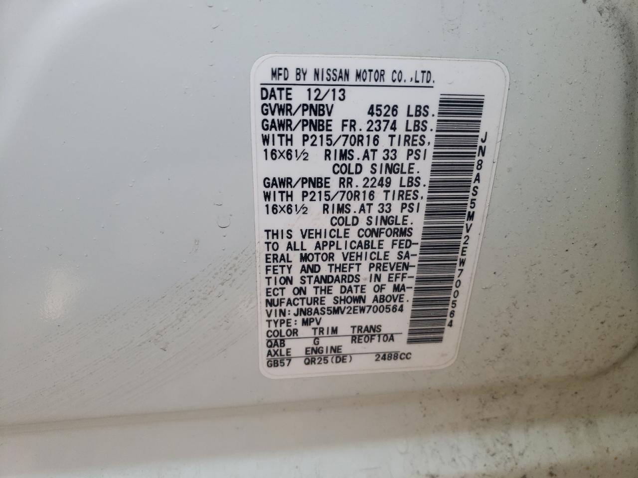 Photo 10 from auction – 2014 NISSAN ROGUE SELE with VIN JN8AS5MV2EW700564