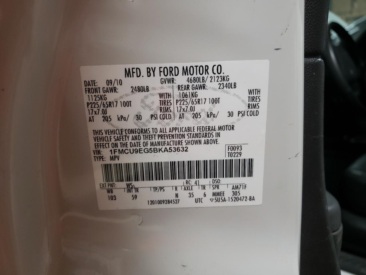 Photo 10 from auction – 2011 FORD ESCAPE LIM with VIN 1FMCU9EG5BKA53632