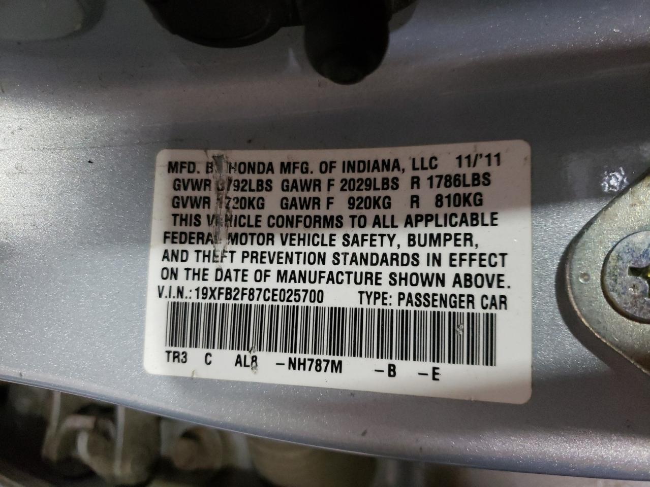 Photo 10 from auction – 2012 HONDA CIVIC EX with VIN 19XFB2F87CE025700