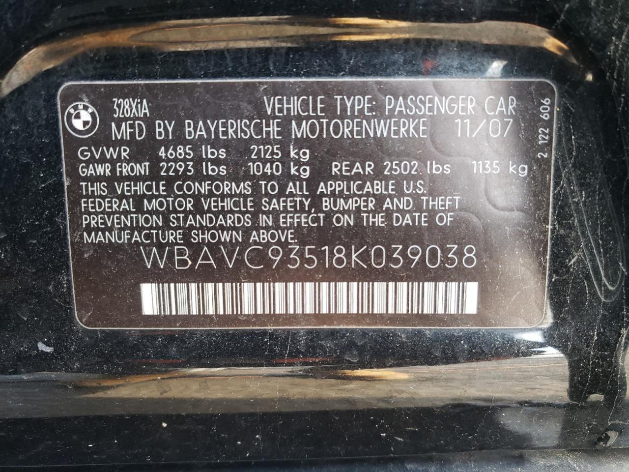 Photo 10 from auction – 2008 BMW 328 XI with VIN WBAVC93518K039038