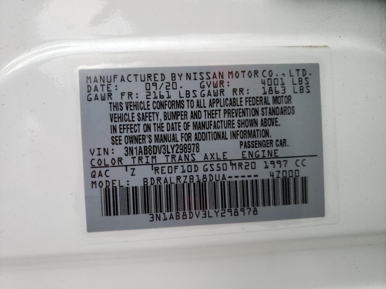 Photo 10 from auction – 2020 NISSAN SENTRA SR with VIN 3N1AB8DV3LY298978