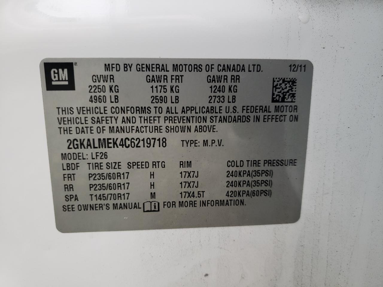 Photo 10 from auction – 2012 GMC TERRAIN SL with VIN 2GKALMEK4C6219718