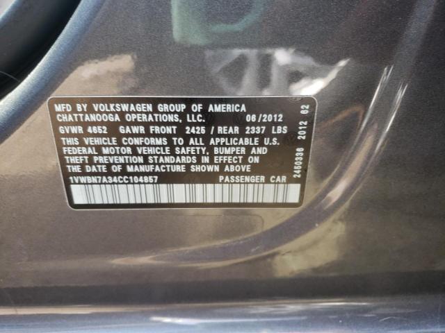 Photo 10 from auction – 2012 VOLKSWAGEN PASSAT SE with VIN 1VWBN7A34CC104857