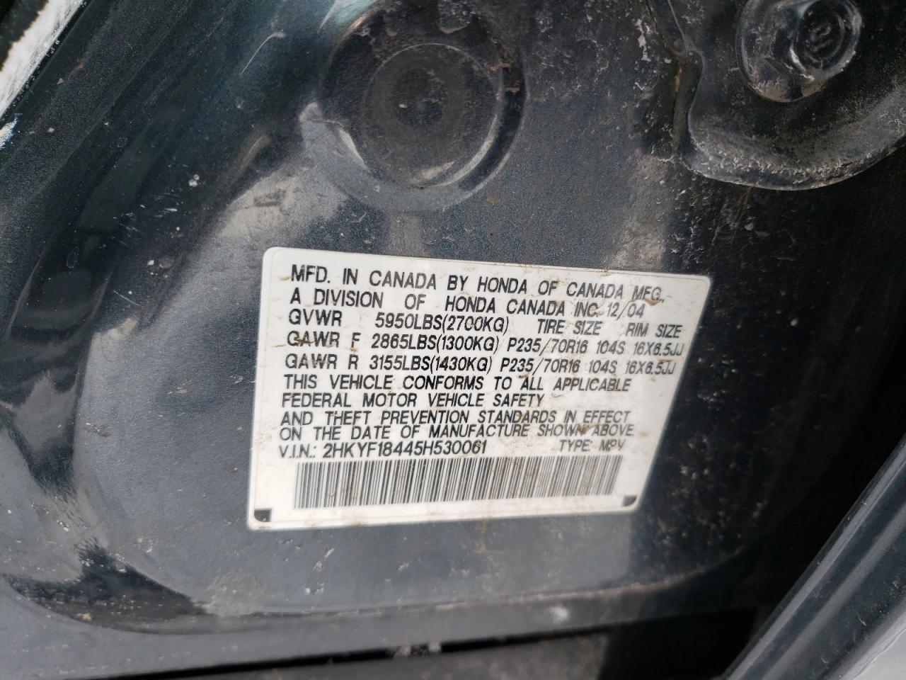 Photo 10 from auction – 2005 HONDA PILOT EX with VIN 2HKYF18445H530061