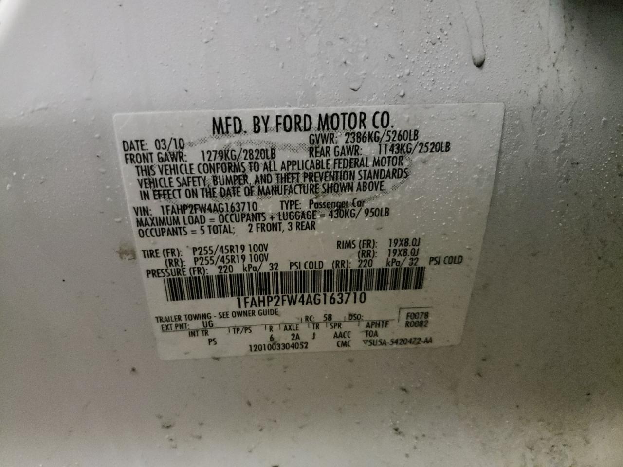 Photo 10 from auction – 2010 FORD TAURUS LIM with VIN 1FAHP2FW4AG163710