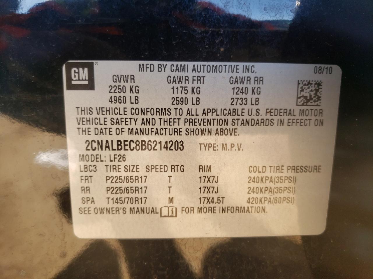 Photo 10 from auction – 2011 CHEVROLET EQUINOX LS with VIN 2CNALBEC8B6214203