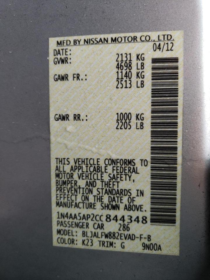 Photo 10 from auction – 2012 NISSAN MAXIMA S with VIN 1N4AA5AP2CC844348