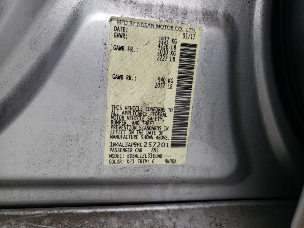 Photo 10 from auction – 2017 NISSAN ALTIMA 2.5 with VIN 1N4AL3AP9HC257201