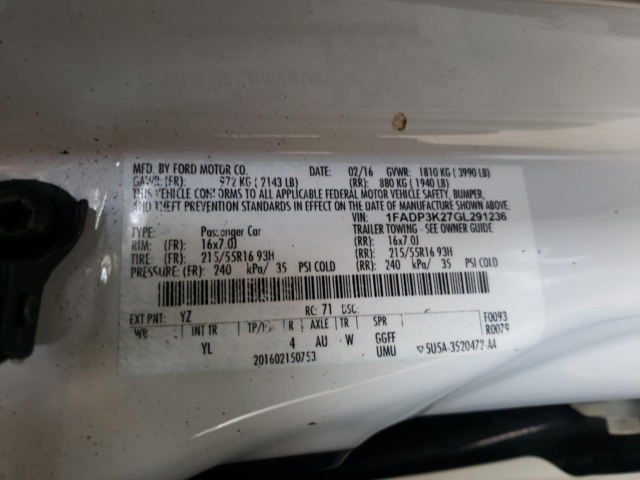 Photo 10 from auction – 2016 FORD FOCUS SE with VIN 1FADP3K27GL291236