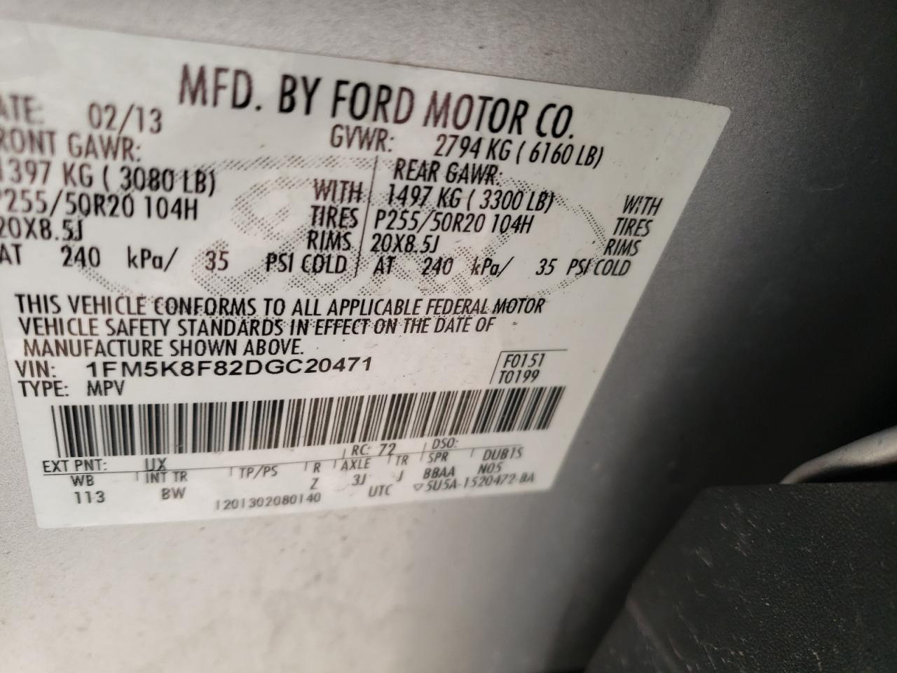 Photo 10 from auction – 2013 FORD EXPLORER L with VIN 1FM5K8F82DGC20471