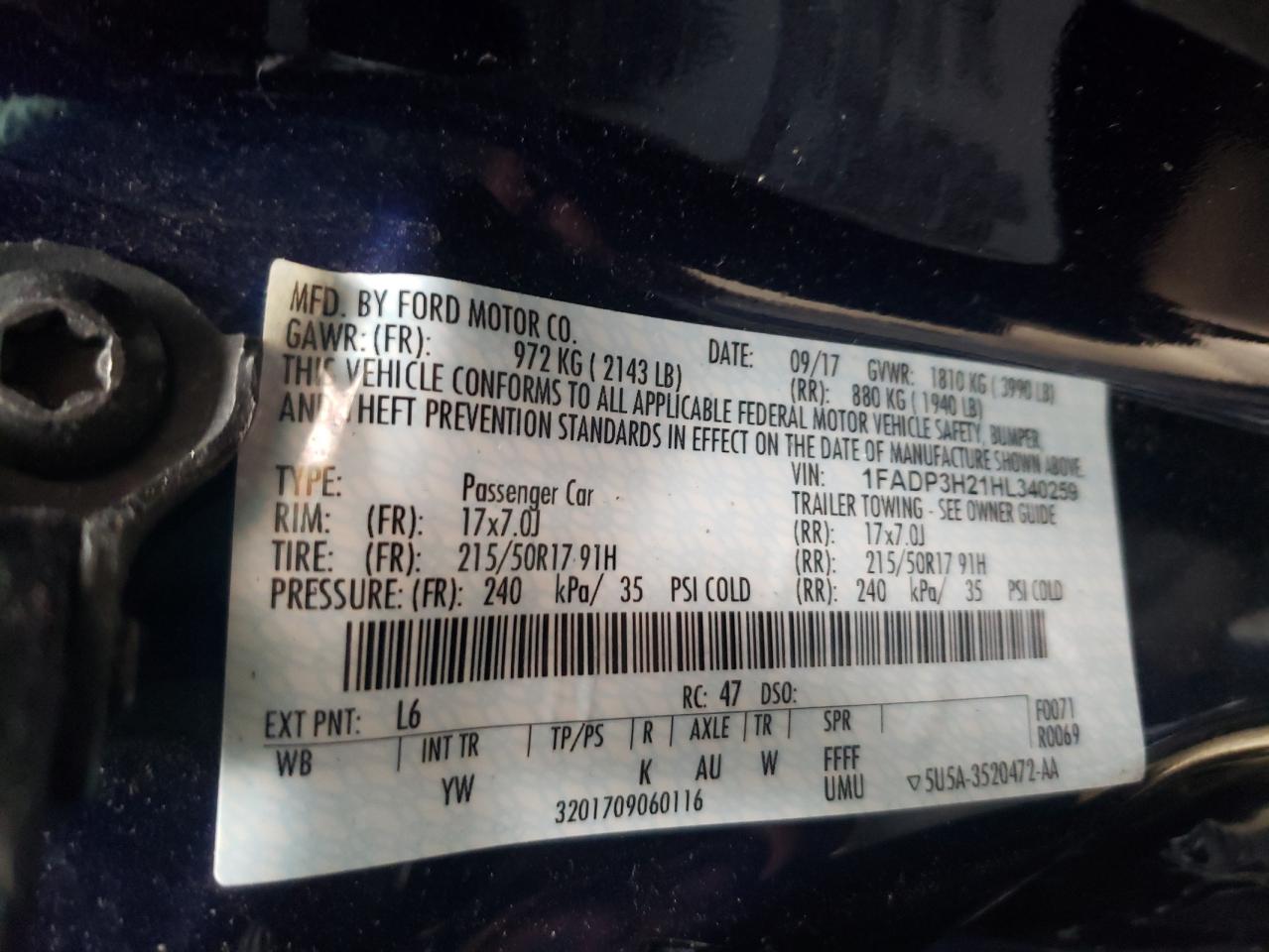 Photo 10 from auction – 2017 FORD FOCUS SEL with VIN 1FADP3H21HL340259