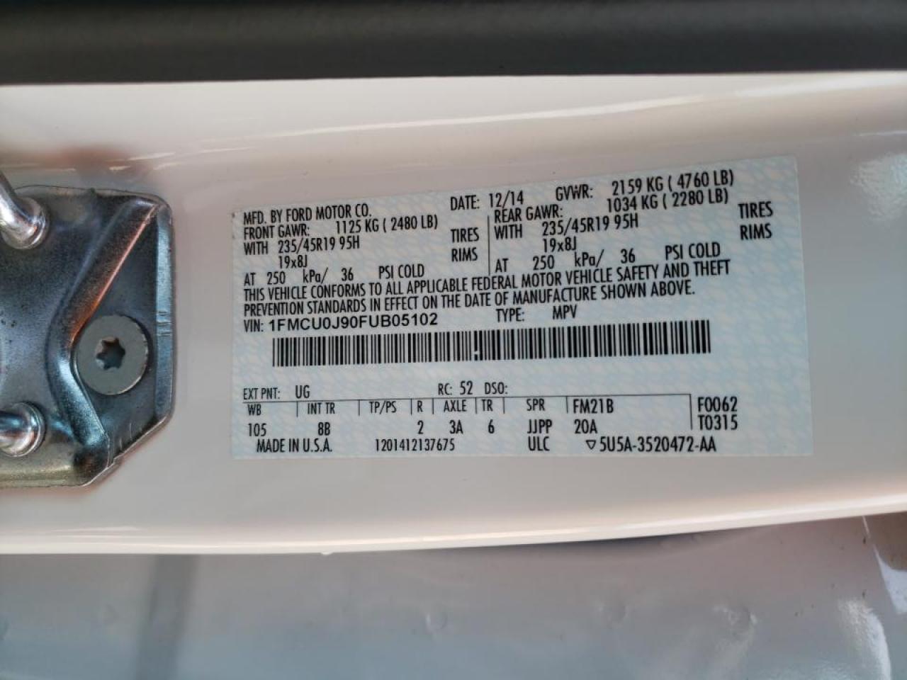 Photo 10 from auction – 2015 FORD ESCAPE TIT with VIN 1FMCU0J90FUB05102