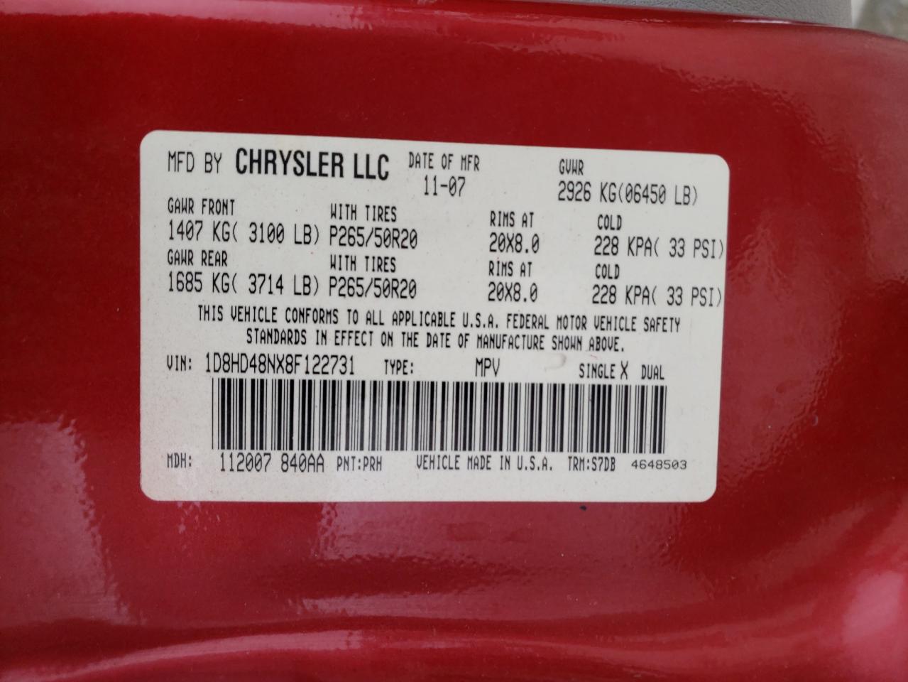 Photo 10 from auction – 2008 DODGE DURANGO SL with VIN 1D8HD48NX8F122731