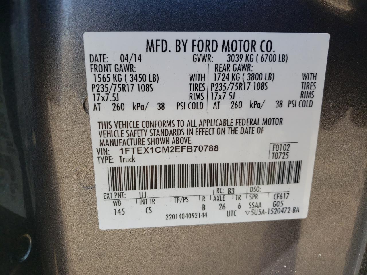 Photo 10 from auction – 2014 FORD F150 SUPER with VIN 1FTEX1CM2EFB70788