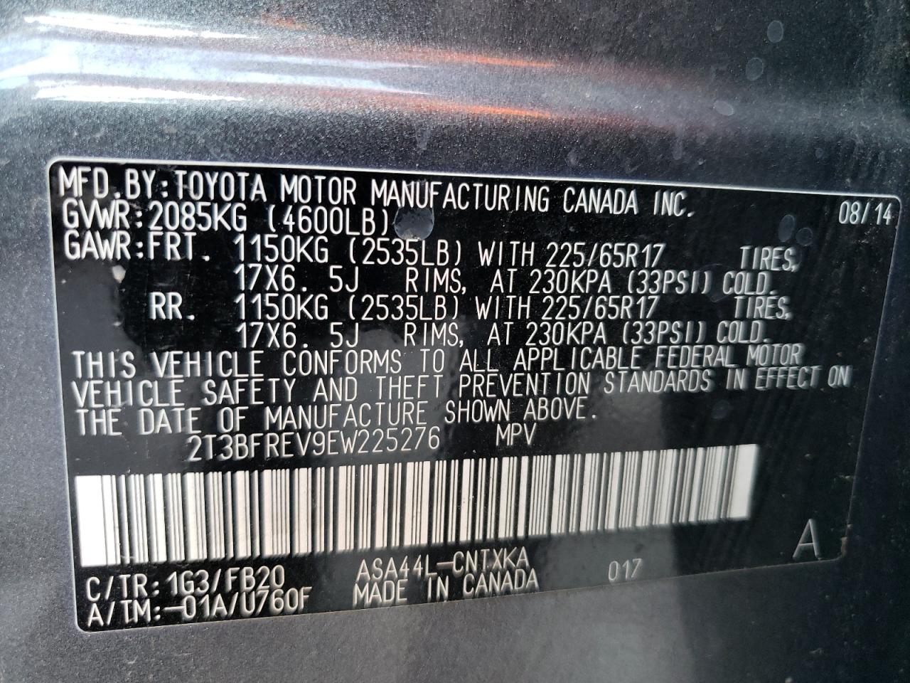 Photo 10 from auction – 2014 TOYOTA RAV4 LE with VIN 2T3BFREV9EW225276