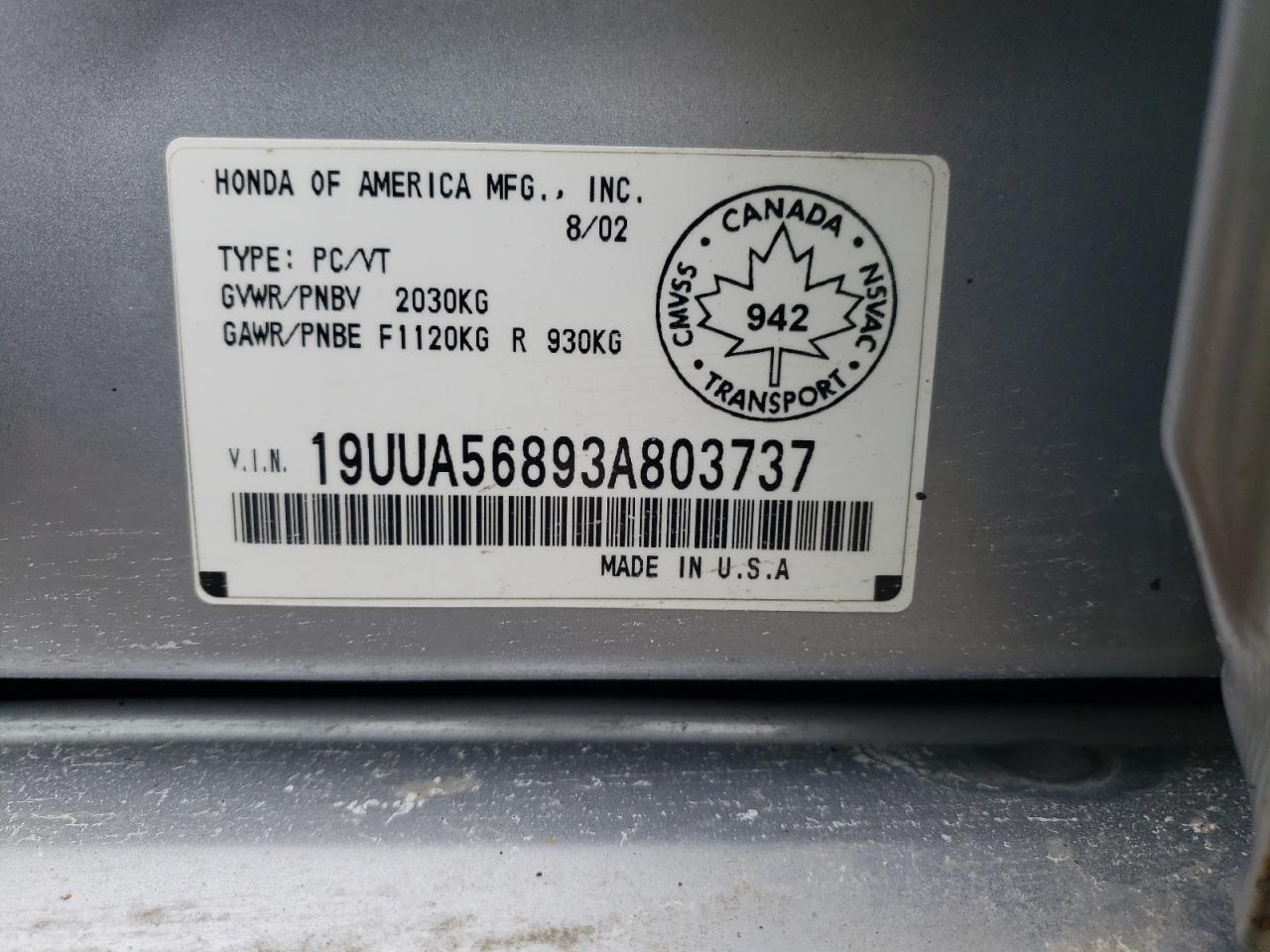 Photo 10 from auction – 2003 ACURA 3.2TL TYPE with VIN 19UUA56893A803737
