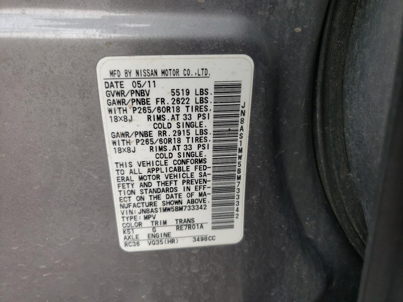 Photo 10 from auction – 2011 INFINITI FX35 with VIN JN8AS1MW5BM733342
