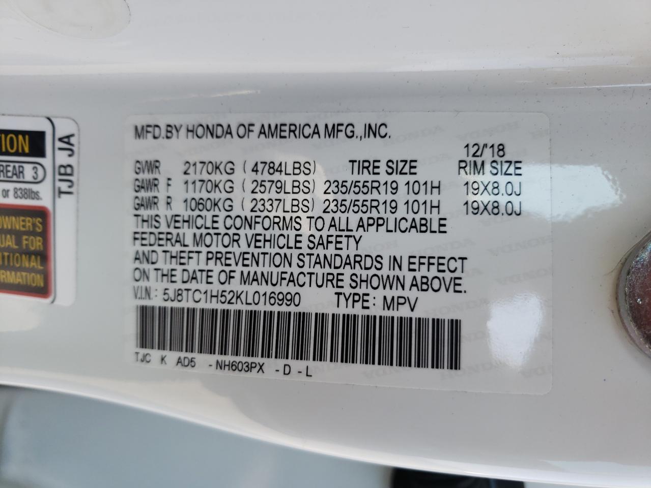 Photo 10 from auction – 2019 ACURA RDX TECHNO with VIN 5J8TC1H52KL016990
