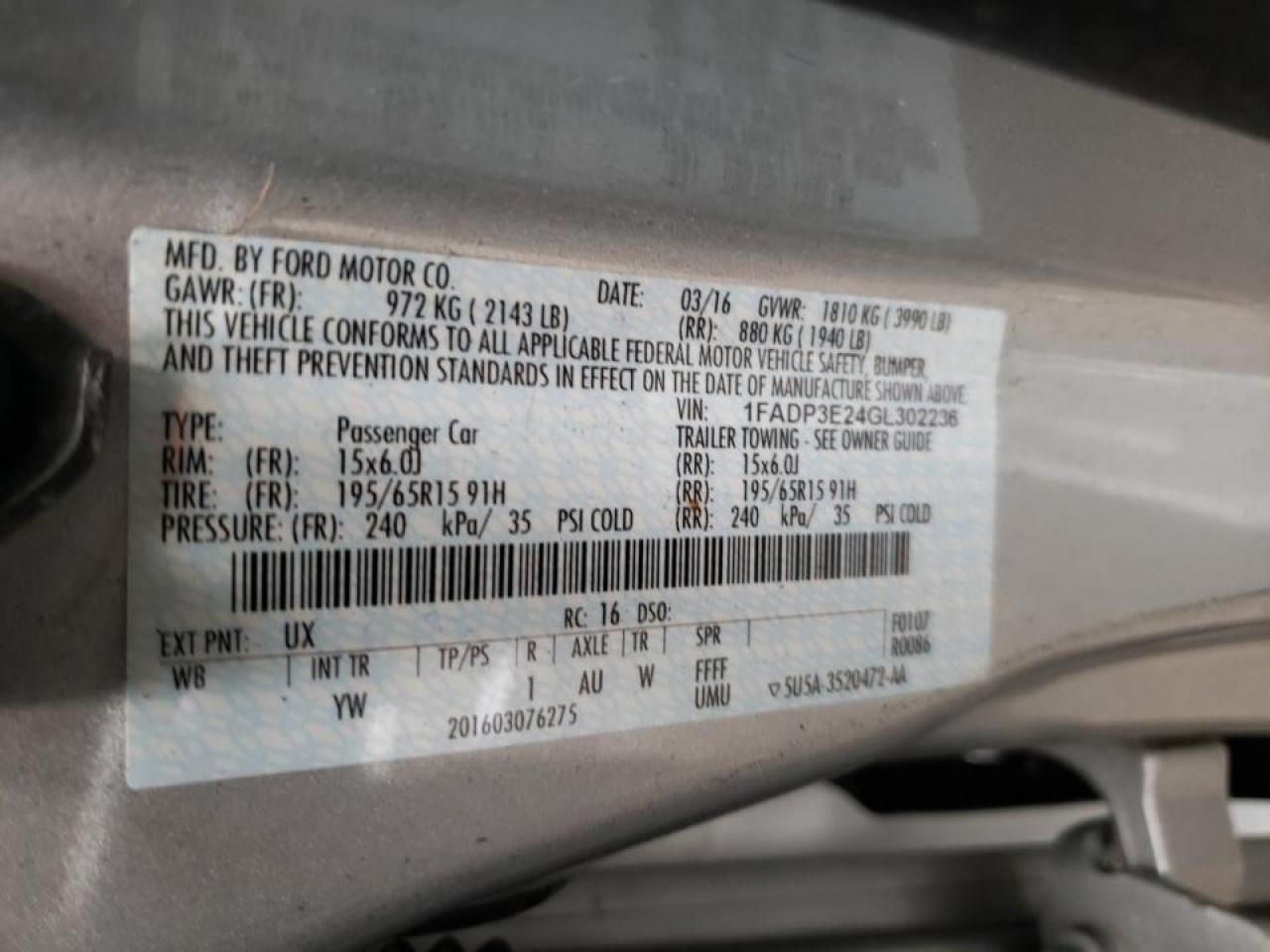 Photo 10 from auction – 2016 FORD FOCUS S with VIN 1FADP3E24GL302236