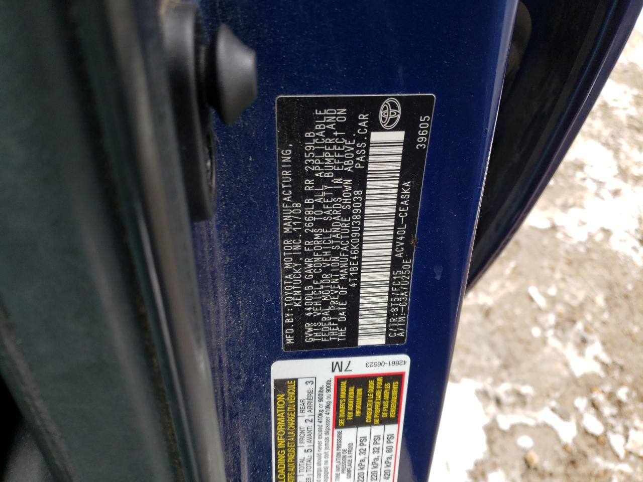 Photo 10 from auction – 2009 TOYOTA CAMRY BASE with VIN 4T1BE46K09U389038
