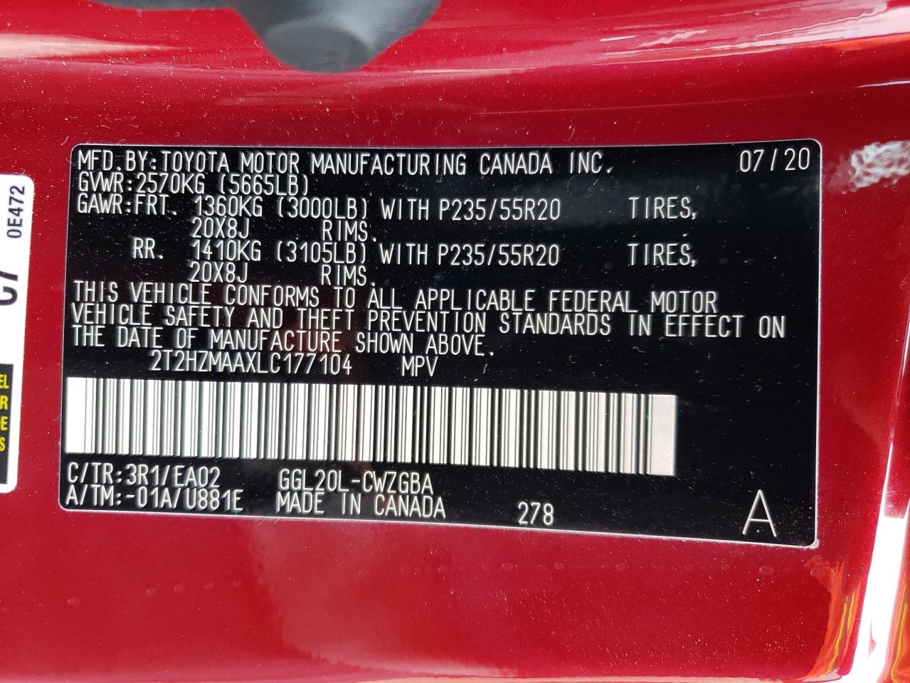 Photo 10 from auction – 2020 LEXUS RX 350 with VIN 2T2HZMAAXLC177104