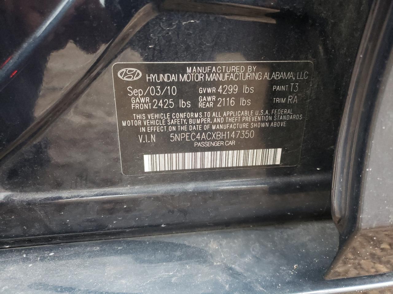 Photo 10 from auction – 2011 HYUNDAI SONATA SE with VIN 5NPEC4ACXBH147350