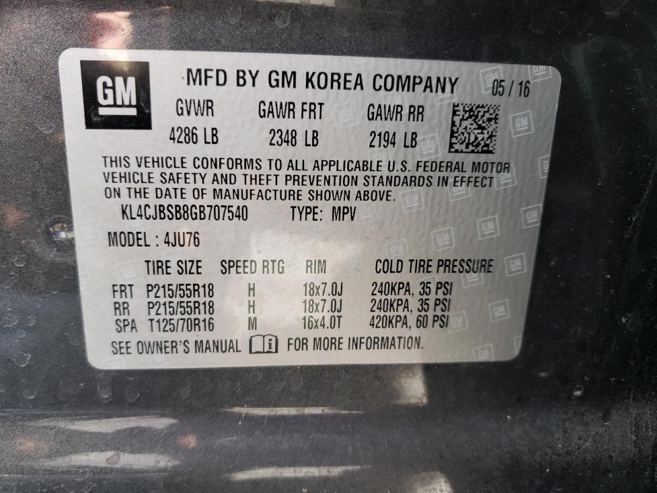 Photo 10 from auction – 2016 BUICK ENCORE CON with VIN KL4CJBSB8GB707540