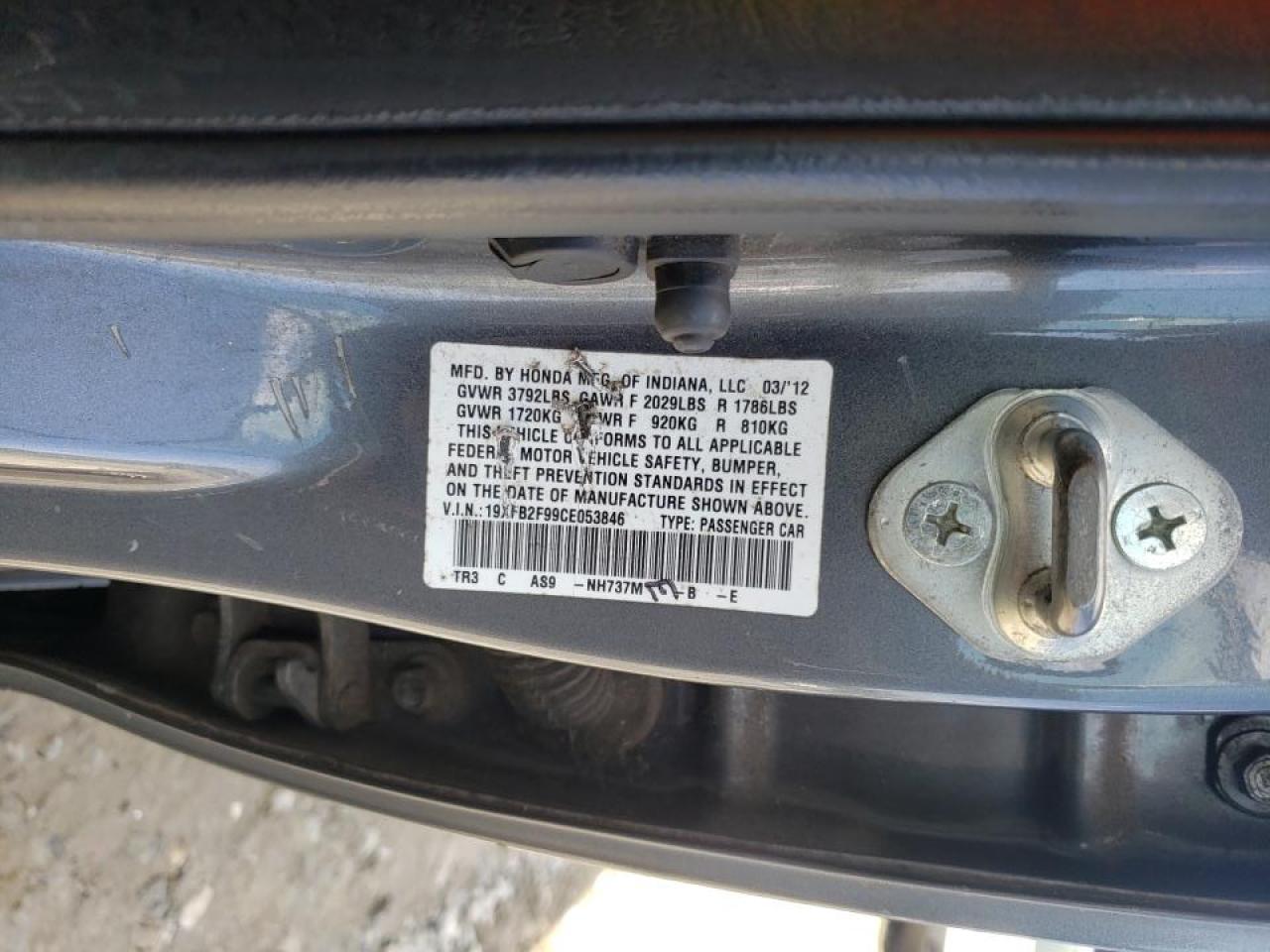 Photo 10 from auction – 2012 HONDA CIVIC with VIN 19XFB2F99CE053846