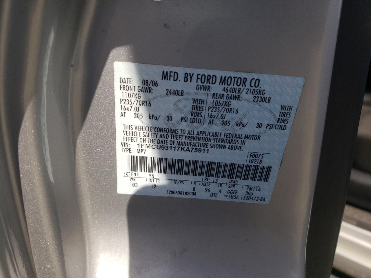 Photo 10 from auction – 2007 FORD ESCAPE XLT with VIN 1FMCU93117KA75911
