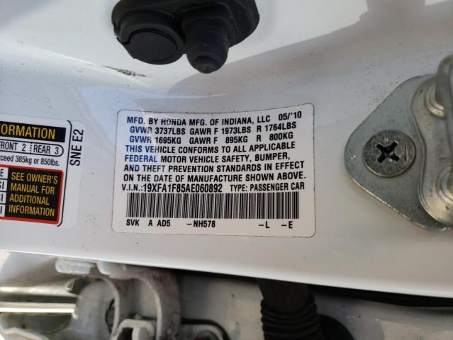 Photo 10 from auction – 2010 HONDA CIVIC EX with VIN 19XFA1F85AE060892