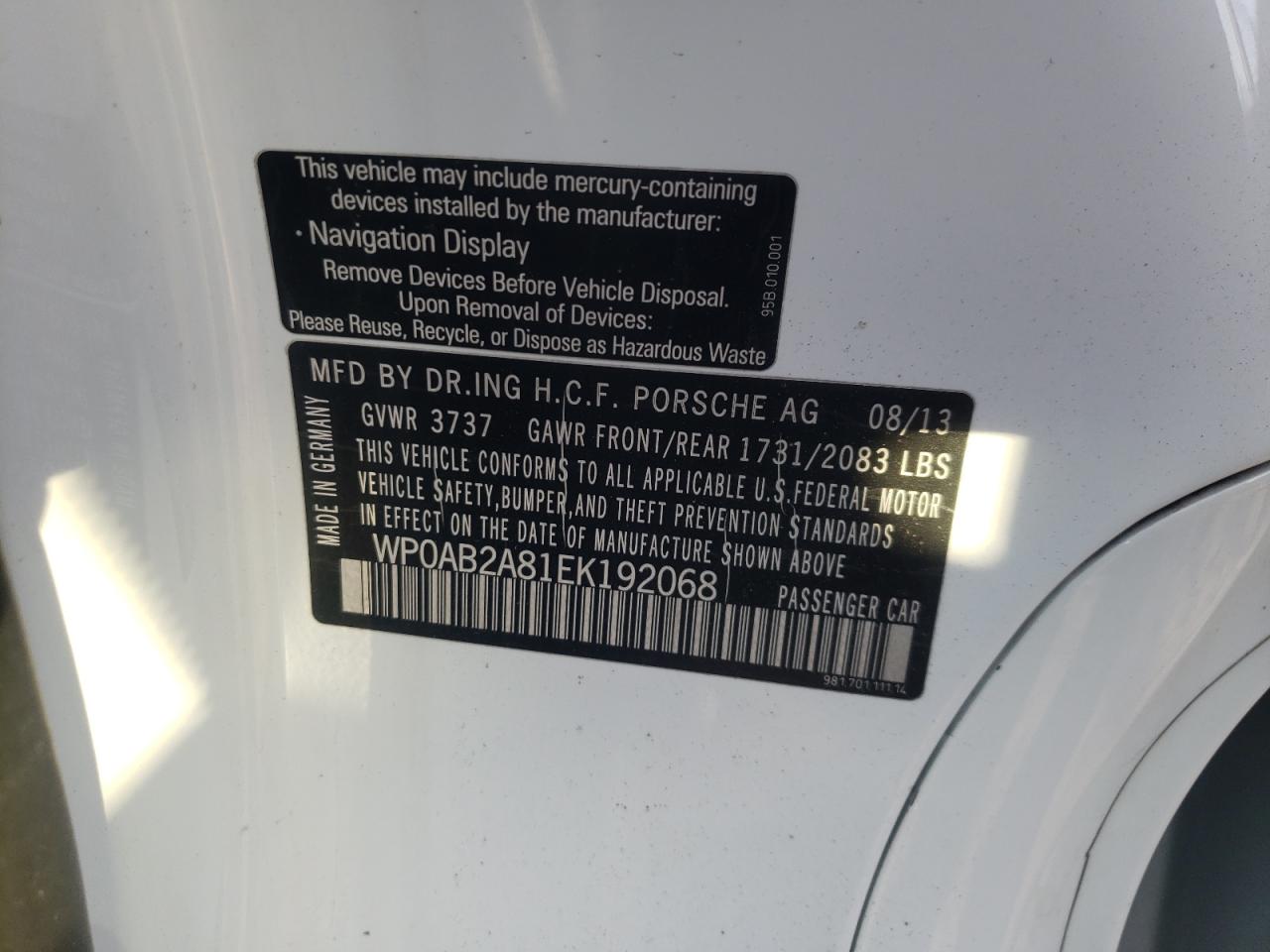 Photo 10 from auction – 2014 PORSCHE CAYMAN S with VIN WP0AB2A81EK192068