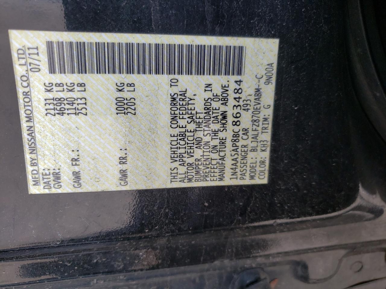 Photo 10 from auction – 2011 NISSAN MAXIMA S with VIN 1N4AA5AP8BC863484