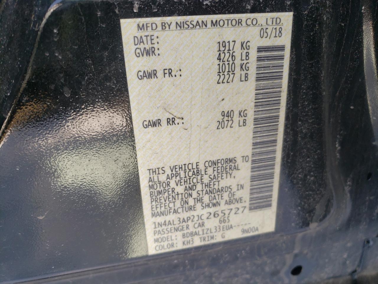 Photo 10 from auction – 2018 NISSAN ALTIMA 2.5 with VIN 1N4AL3AP2JC265727