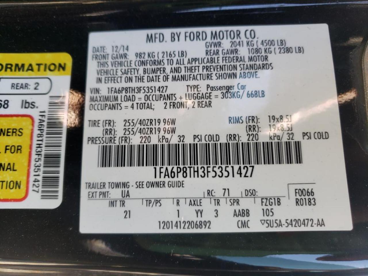 Photo 10 from auction – 2015 FORD MUSTANG with VIN 1FA6P8TH3F5351427