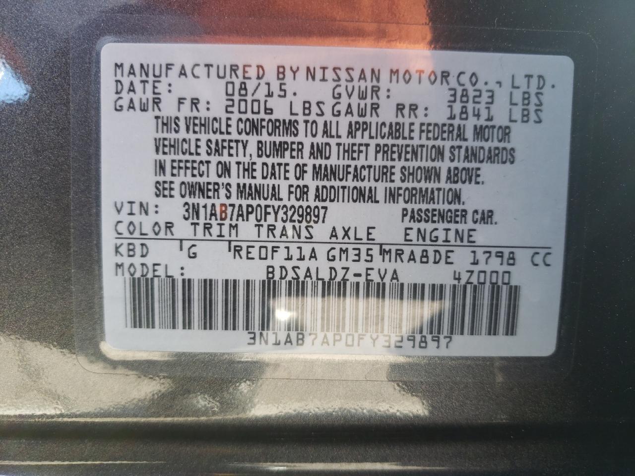 Photo 10 from auction – 2015 NISSAN SENTRA S with VIN 3N1AB7AP0FY329897