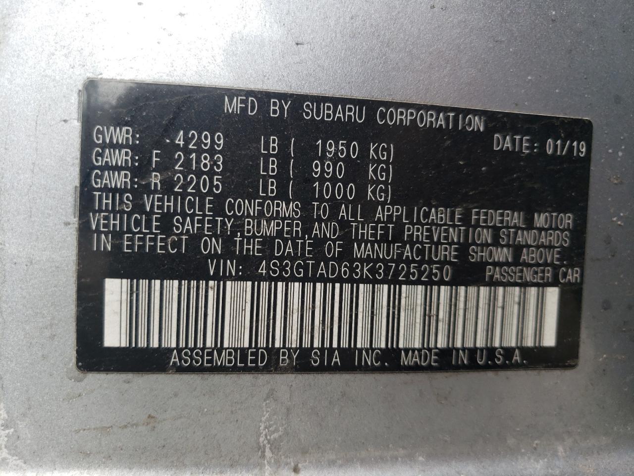 Photo 10 from auction – 2019 SUBARU IMPREZA PR with VIN 4S3GTAD63K3725250