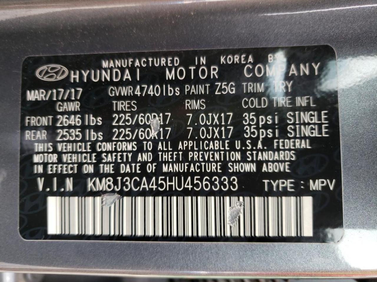 Photo 10 from auction – 2017 HYUNDAI TUCSON LIM with VIN KM8J3CA45HU456333