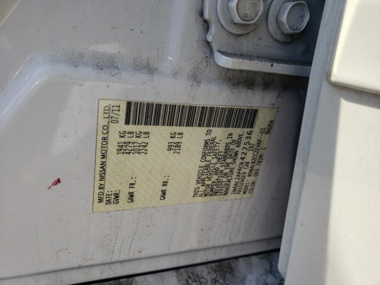 Photo 10 from auction – 2012 NISSAN ALTIMA BAS with VIN 1N4AL2AP4CN427536
