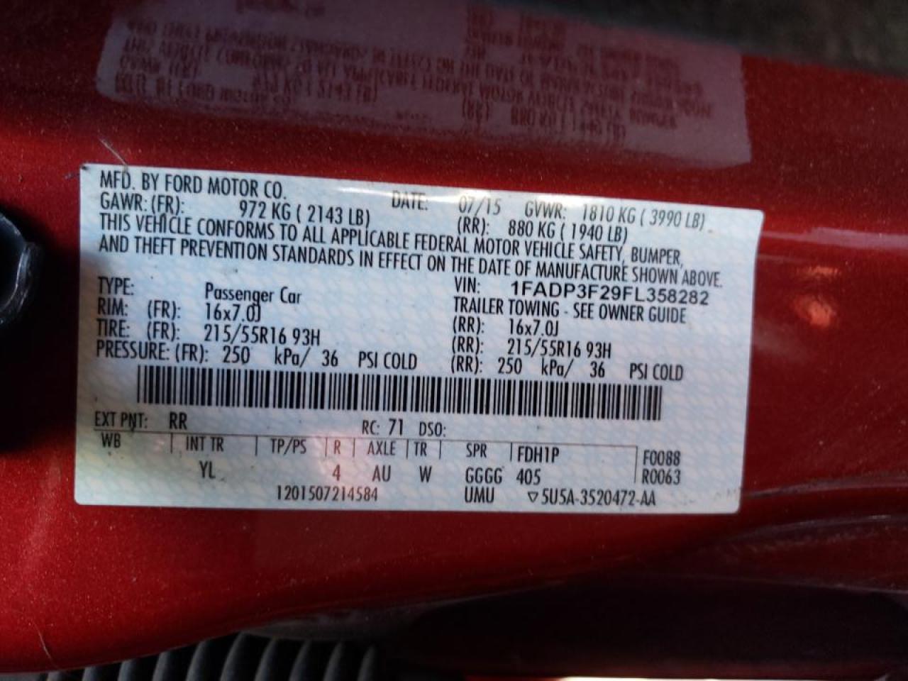 Photo 10 from auction – 2015 FORD FOCUS SE with VIN 1FADP3F29FL358282
