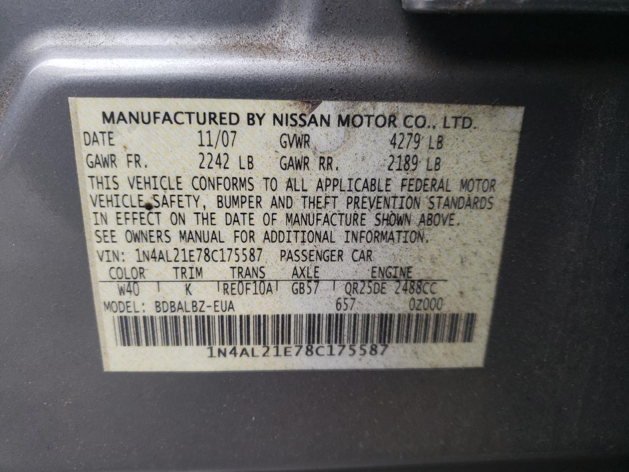 Photo 10 from auction – 2008 NISSAN ALTIMA with VIN 1N4AL21E78C175587