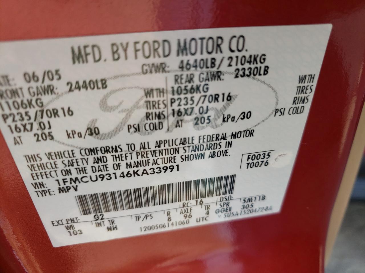 Photo 10 from auction – 2006 FORD ESCAPE XLT with VIN 1FMCU93146KA33991