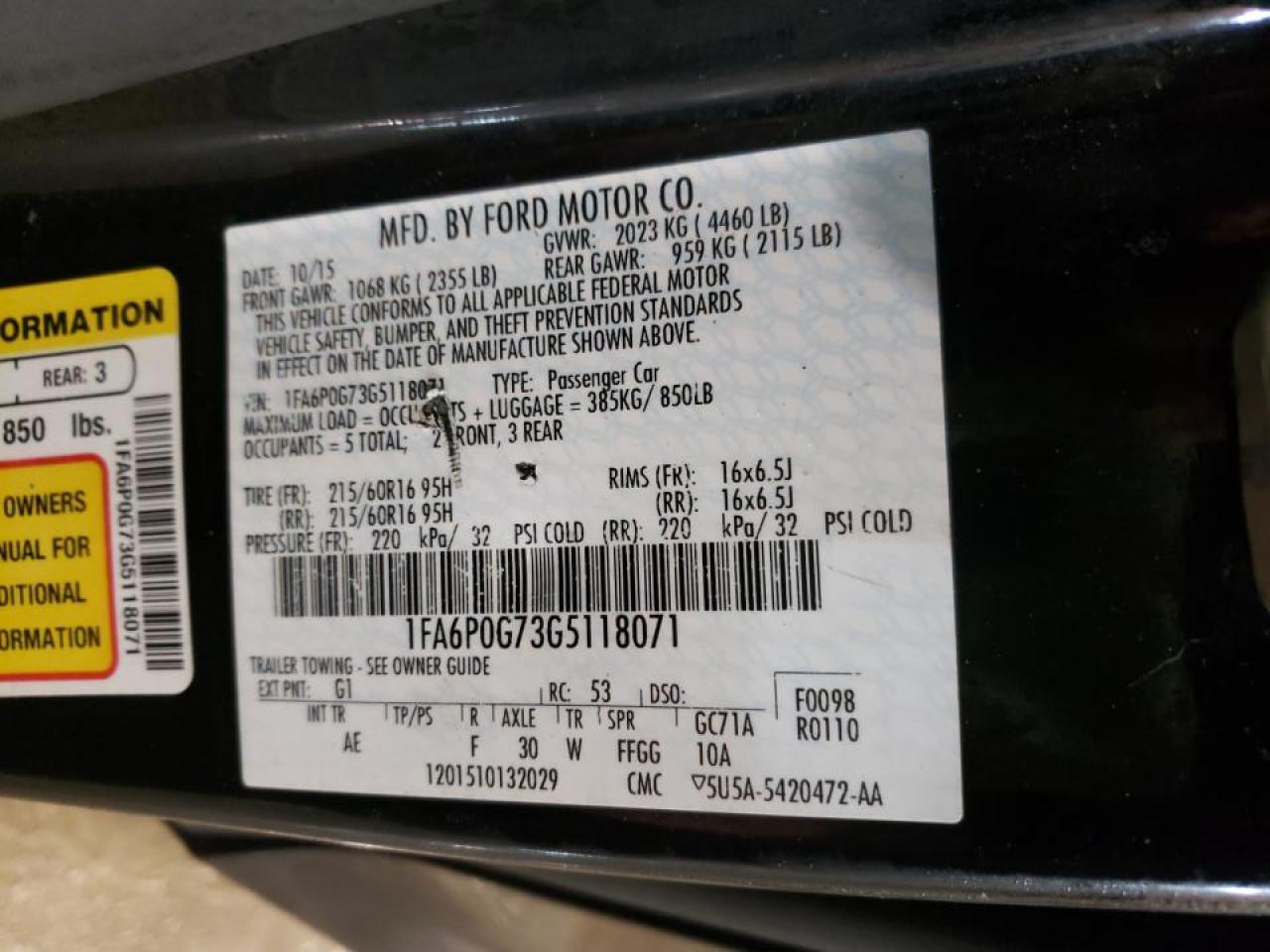 Photo 10 from auction – 2016 FORD FUSION S with VIN 1FA6P0G73G5118071