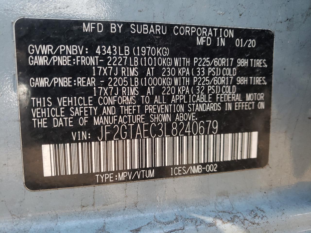 Photo 10 from auction – 2020 SUBARU CROSSTREK with VIN JF2GTAEC3L8240679