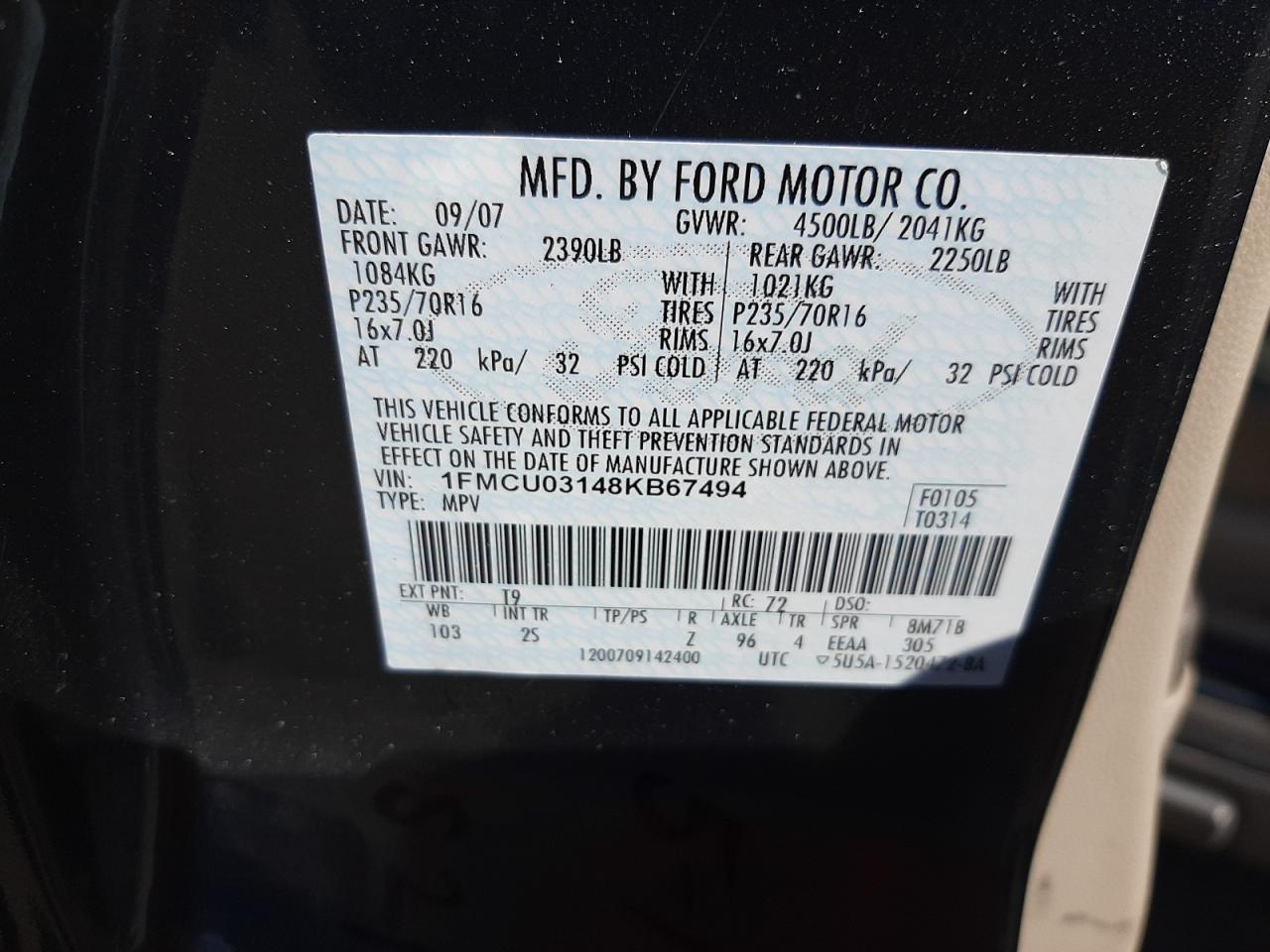 Photo 10 from auction – 2008 FORD ESCAPE XLT with VIN 1FMCU03148KB67494