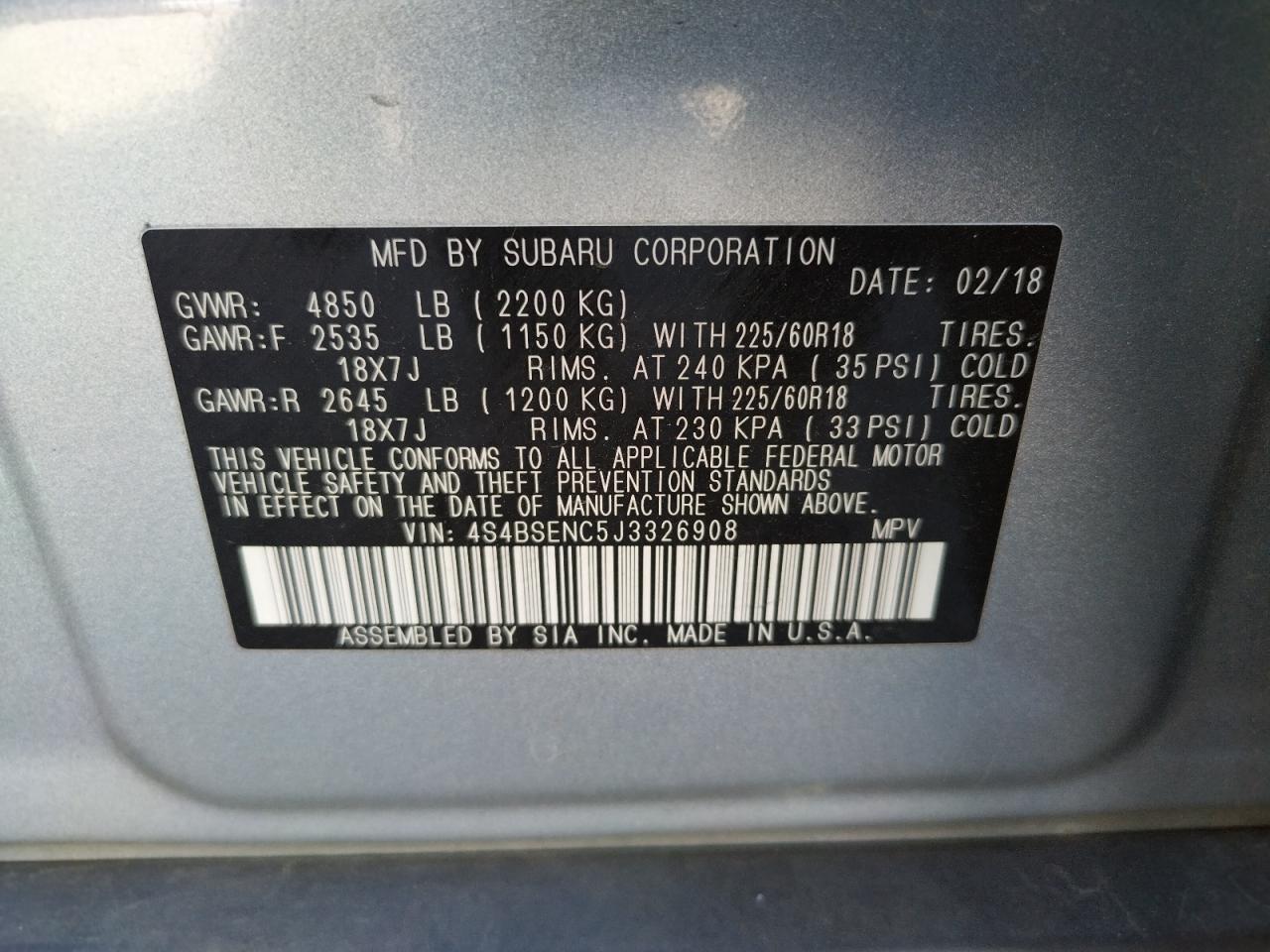 Photo 10 from auction – 2018 SUBARU OUTBACK 3. with VIN 4S4BSENC5J3326908
