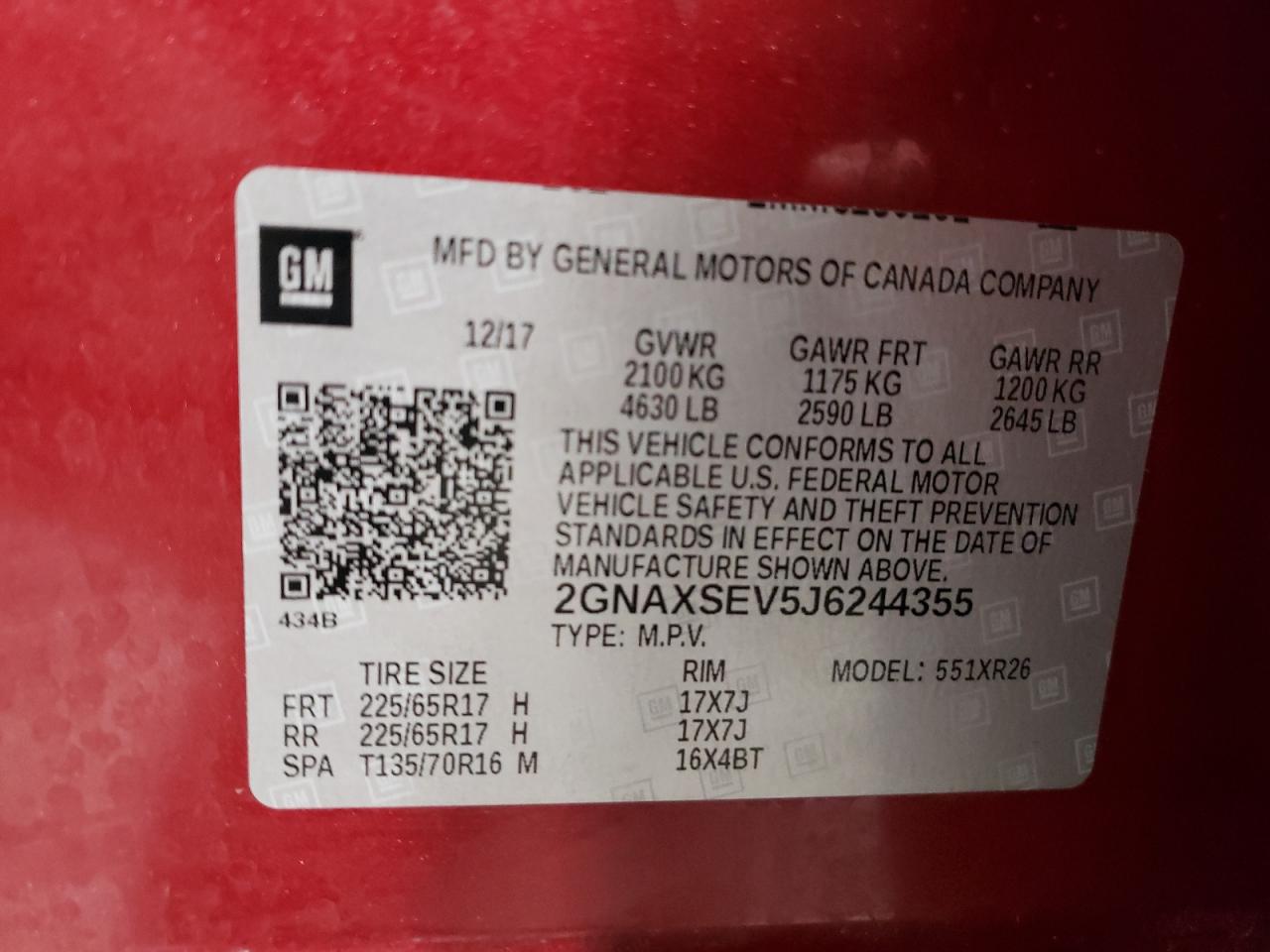 Photo 10 from auction – 2018 CHEVROLET EQUINOX LT with VIN 2GNAXSEV5J6244355