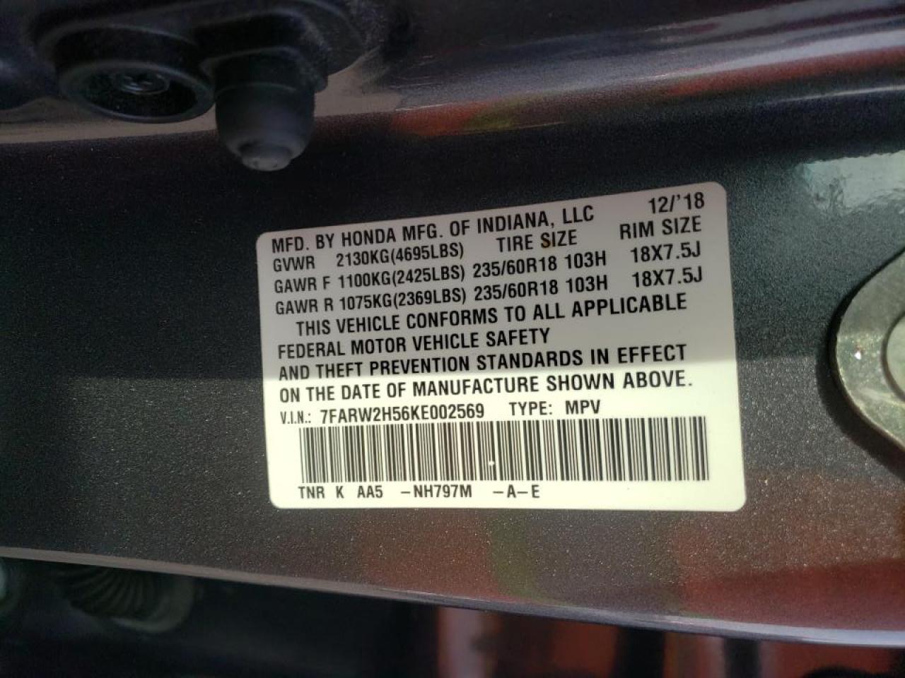 Photo 10 from auction – 2019 HONDA CR-V EX with VIN 7FARW2H56KE002569