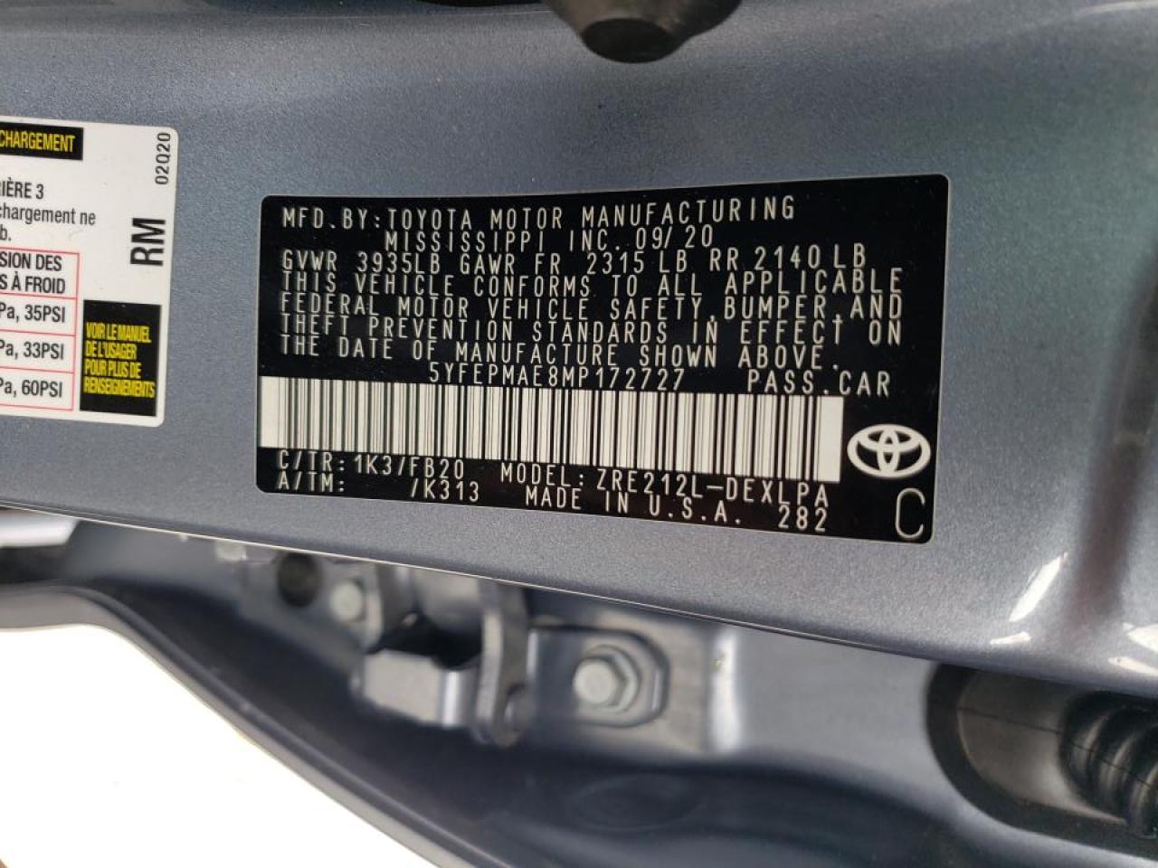 Photo 10 from auction – 2021 TOYOTA COROLLA LE with VIN 5YFEPMAE8MP172727
